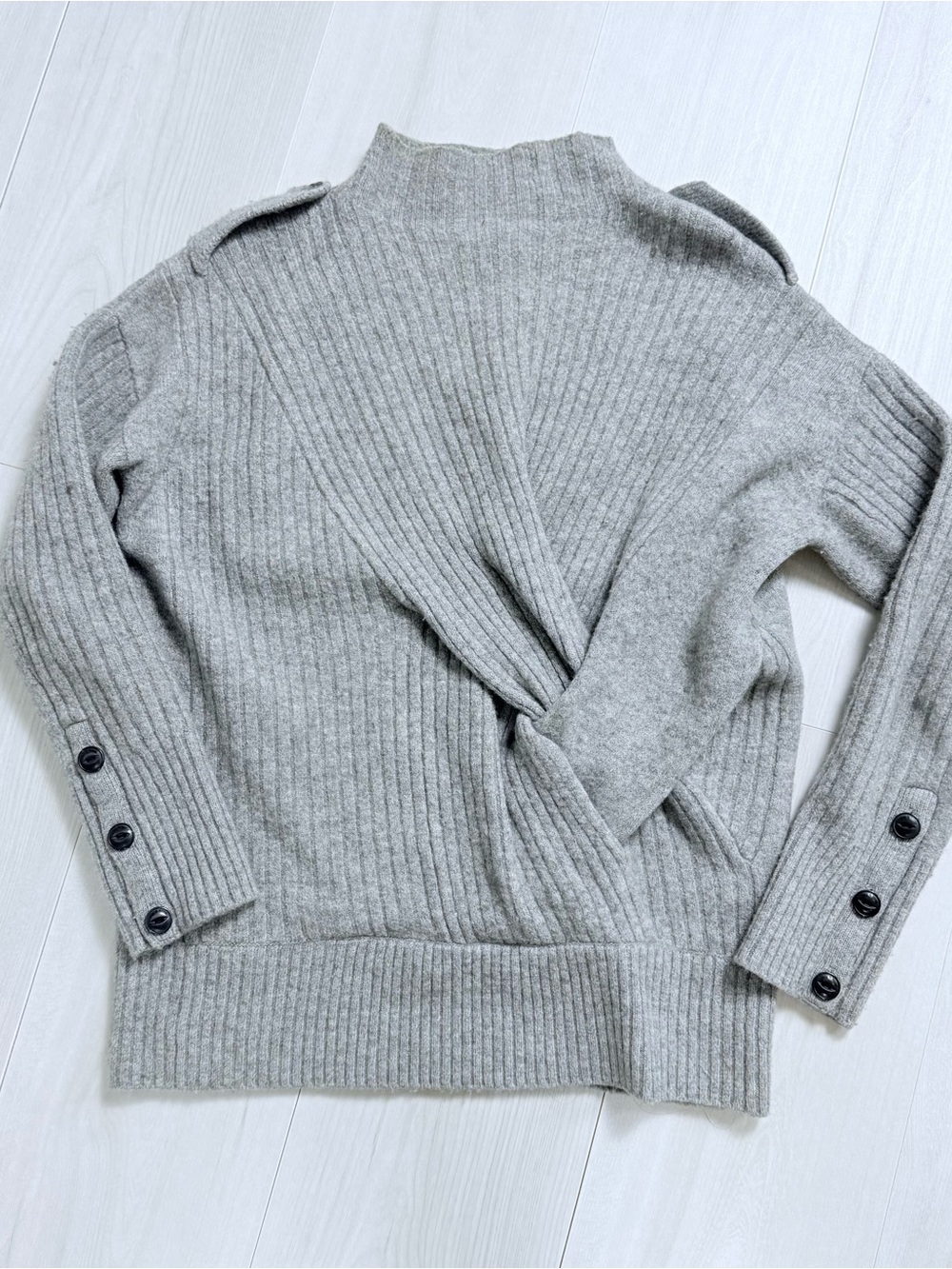 rag & bone Light Gray Ribbed Twist Mock Neck wool Sweater